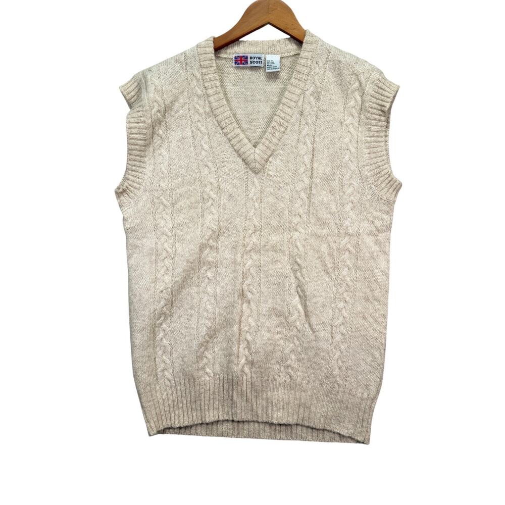 VTG Royal Scott Sweater Vest Shetland 100% Wool V Neck Cable Knit Work Casual M